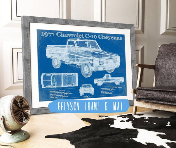 14" x 11" / Greyson Frame & Mat Cutler West 1971 Chevrolet C-10 Cheyenne Original Blueprint Art