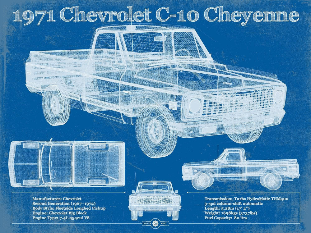 14" x 11" / Stretched Canvas Wrap Cutler West 1971 Chevrolet C-10 Cheyenne Original Blueprint Art