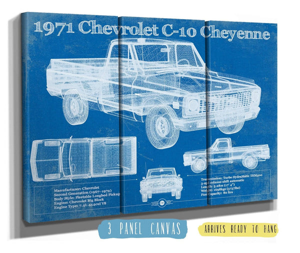36" x 24" / 3 Panel Canvas Wrap Cutler West 1971 Chevrolet C-10 Cheyenne Original Blueprint Art