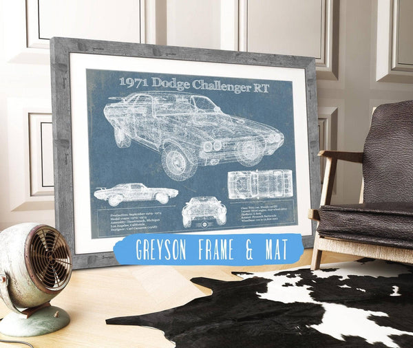 14" x 11" / Greyson Frame & Mat Cutler West 1971 Dodge Challenger Rt Car Blueprint Patent Original Art