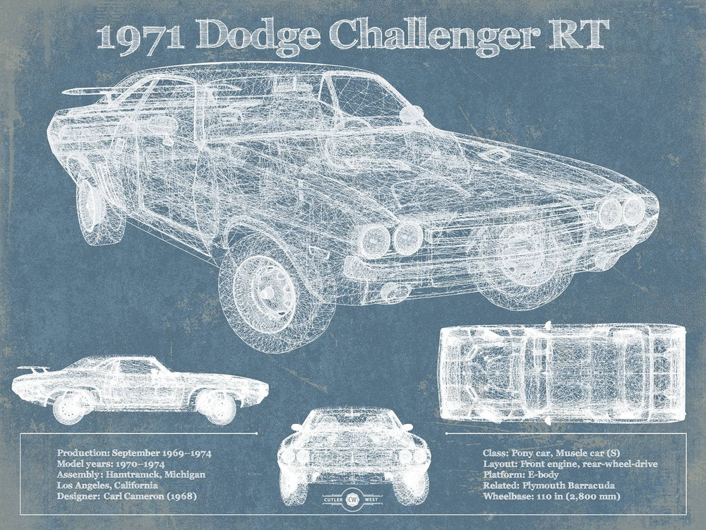 14" x 11" / Stretched Canvas Wrap Cutler West 1971 Dodge Challenger Rt Car Blueprint Patent Original Art