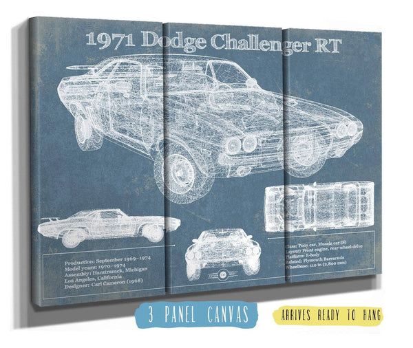 36" x 24" / 3 Panel Canvas Wrap Cutler West 1971 Dodge Challenger Rt Car Blueprint Patent Original Art