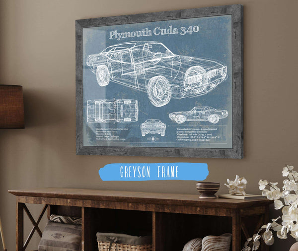 14" x 11" / Greyson Frame Cutler West 1972-1974 Plymouth Barracuda 340 Vintage Blueprint Auto Print