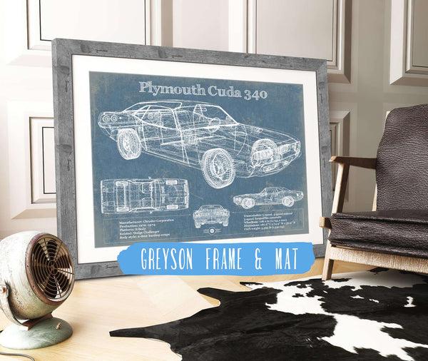 14" x 11" / Greyson Frame & Mat Cutler West 1972-1974 Plymouth Barracuda 340 Vintage Blueprint Auto Print