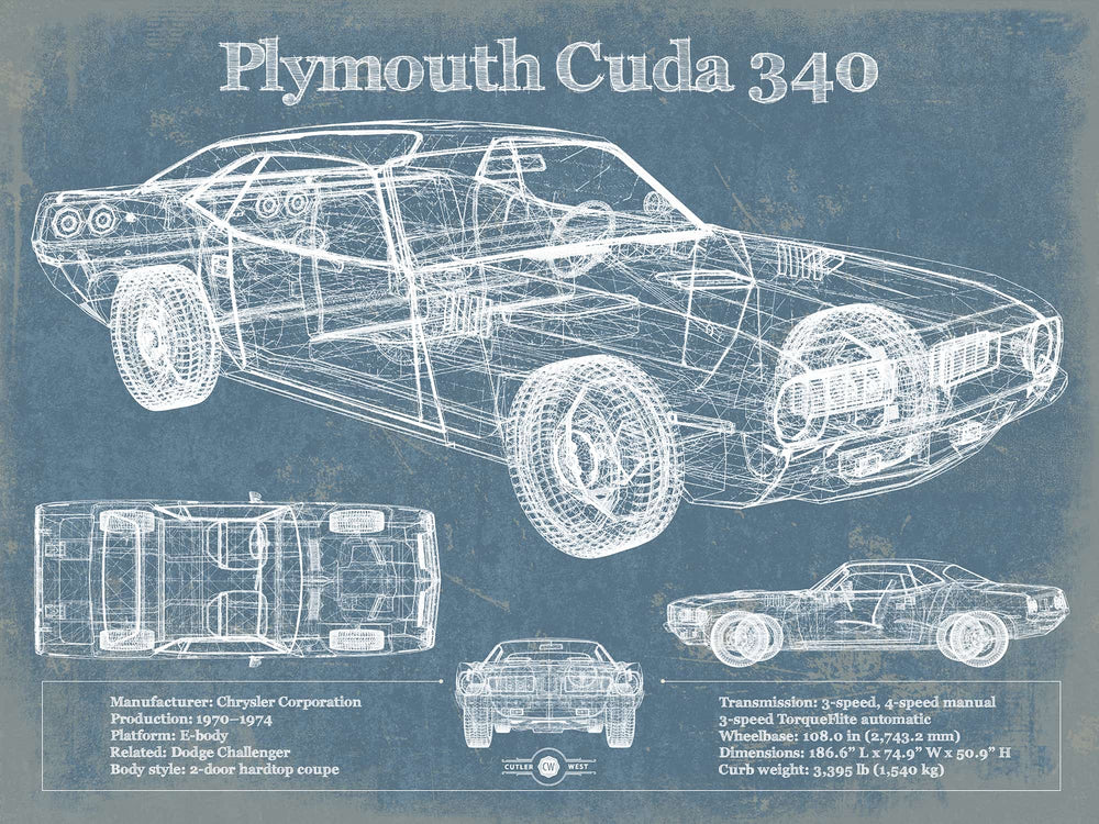 14" x 11" / Stretched Canvas Wrap Cutler West 1972-1974 Plymouth Barracuda 340 Vintage Blueprint Auto Print