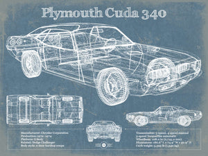 14" x 11" / Unframed Cutler West 1972-1974 Plymouth Barracuda 340 Vintage Blueprint Auto Print