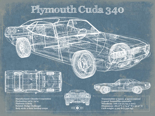 14" x 11" / Unframed Cutler West 1972-1974 Plymouth Barracuda 340 Vintage Blueprint Auto Print