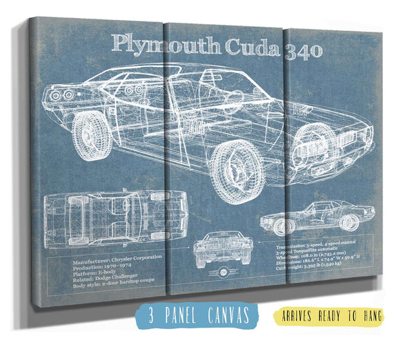 36" x 24" / 3 Panel Canvas Wrap Cutler West 1972-1974 Plymouth Barracuda 340 Vintage Blueprint Auto Print