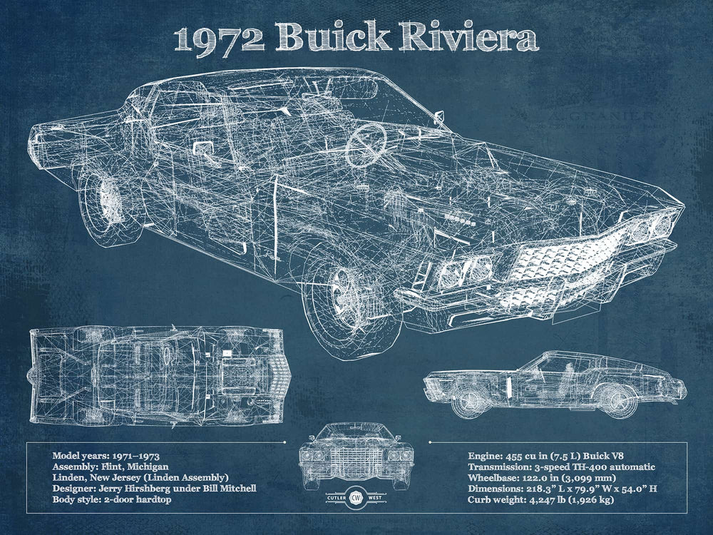 14" x 11" / Stretched Canvas Wrap Cutler West 1972 Buick Riviera Boattail Vintage Blueprint Auto Print