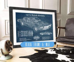 20" x 16" / Black Frame & Mat Cutler West 1972 Buick Riviera Boattail Vintage Blueprint Auto Print