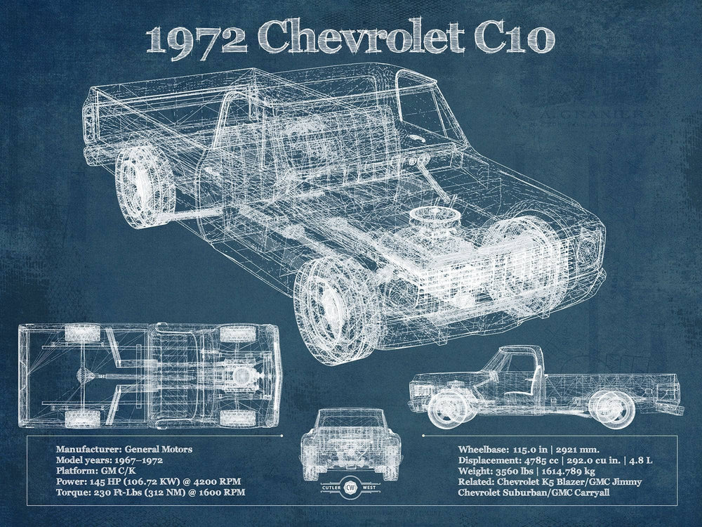 14" x 11" / Stretched Canvas Wrap Cutler West 1972 Chevrolet C10 Vintage Blueprint Auto Print