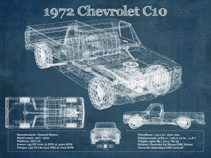 14" x 11" / Unframed Cutler West 1972 Chevrolet C10 Vintage Blueprint Auto Print