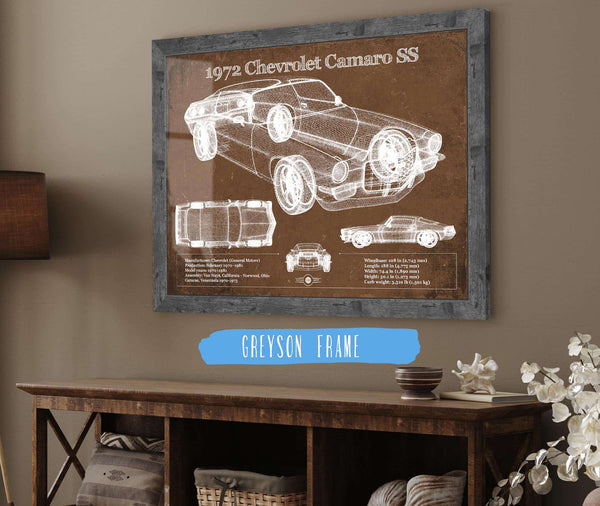 14" x 11" / Greyson Frame Cutler West 1972 Chevrolet Camaro SS Vintage Blueprint Auto Print