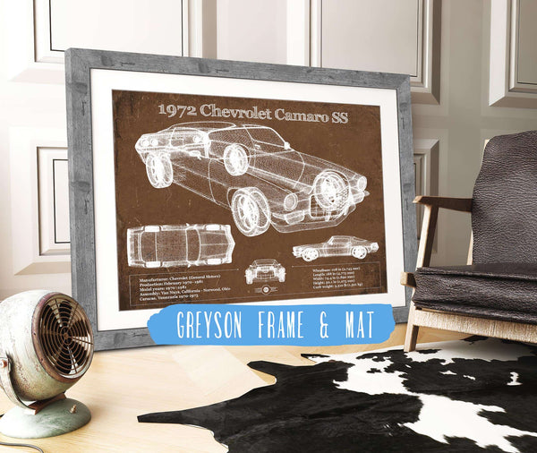 14" x 11" / Greyson Frame & Mat Cutler West 1972 Chevrolet Camaro SS Vintage Blueprint Auto Print