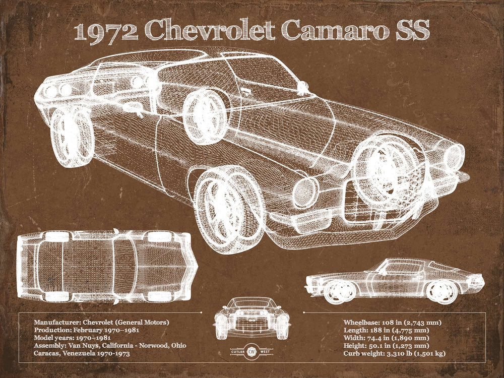 14" x 11" / Stretched Canvas Wrap Cutler West 1972 Chevrolet Camaro SS Vintage Blueprint Auto Print