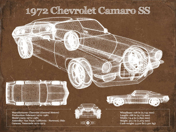 14" x 11" / Unframed Cutler West 1972 Chevrolet Camaro SS Vintage Blueprint Auto Print