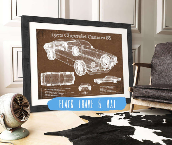 20" x 16" / Black Frame & Mat Cutler West 1972 Chevrolet Camaro SS Vintage Blueprint Auto Print