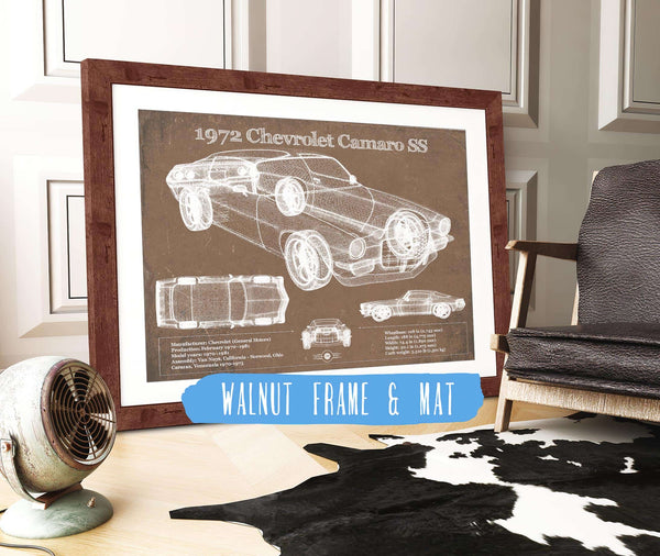 20" x 16" / Walnut Frame & Mat Cutler West 1972 Chevrolet Camaro SS Vintage Blueprint Auto Print