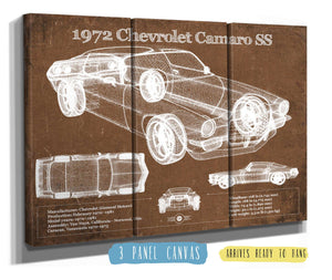 36" x 24" / 3 Panel Canvas Wrap Cutler West 1972 Chevrolet Camaro SS Vintage Blueprint Auto Print