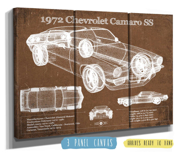 36" x 24" / 3 Panel Canvas Wrap Cutler West 1972 Chevrolet Camaro SS Vintage Blueprint Auto Print