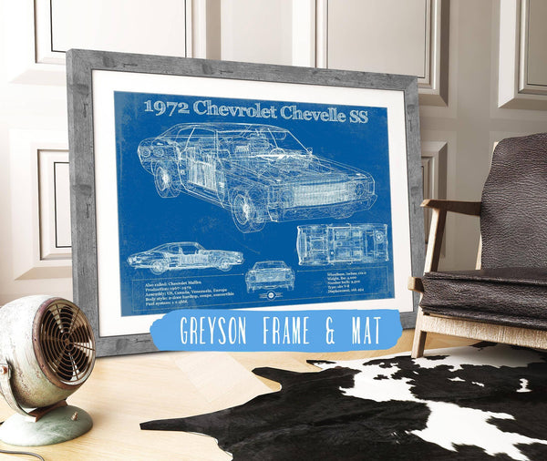 14" x 11" / Greyson Frame & Mat Cutler West 1972 Chevrolet Chevelle SS Original Blueprint Art