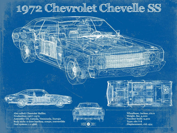 14" x 11" / Unframed Cutler West 1972 Chevrolet Chevelle SS Original Blueprint Art