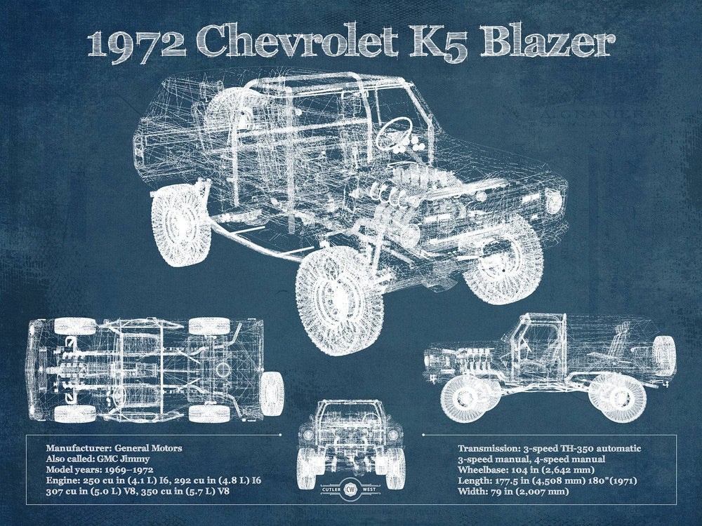 14" x 11" / Stretched Canvas Wrap Cutler West 1972 Chevrolet K5 Blazer Blueprint Vintage Auto Patent Print
