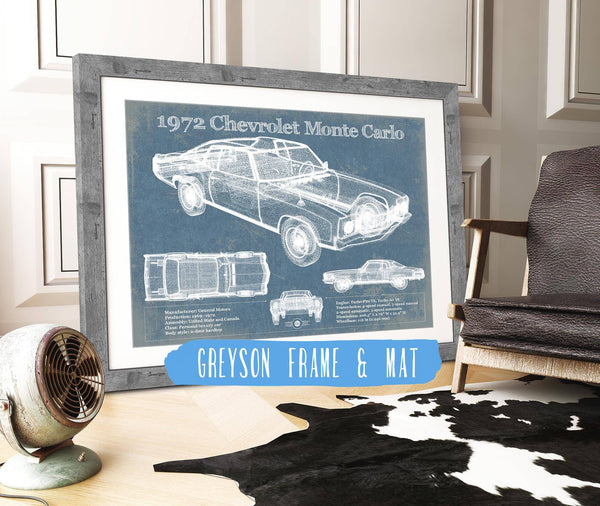 14" x 11" / Greyson Frame & Mat Cutler West 1972 Chevrolet Monte Carlo Blueprint Vintage Auto Patent Print