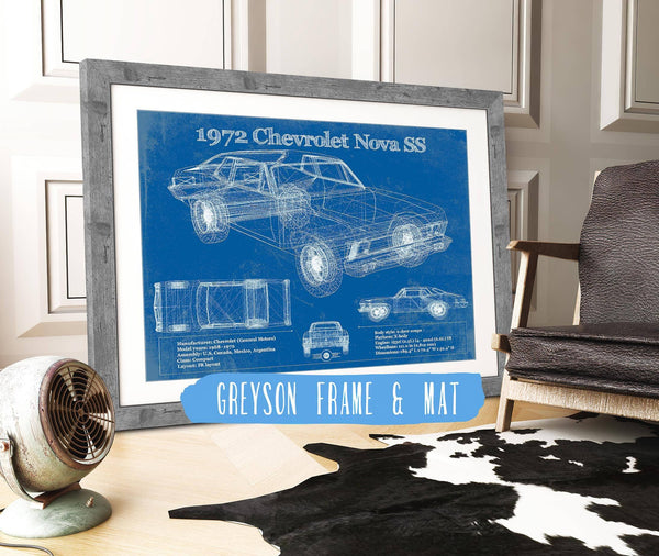 14" x 11" / Greyson Frame & Mat Cutler West 1972 Chevrolet Nova SS Blueprint Vintage Auto Patent Print