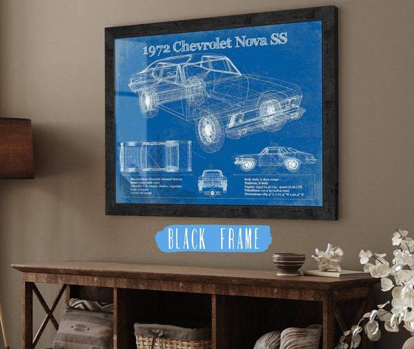 20" x 16" / Black Frame Cutler West 1972 Chevrolet Nova SS Blueprint Vintage Auto Patent Print