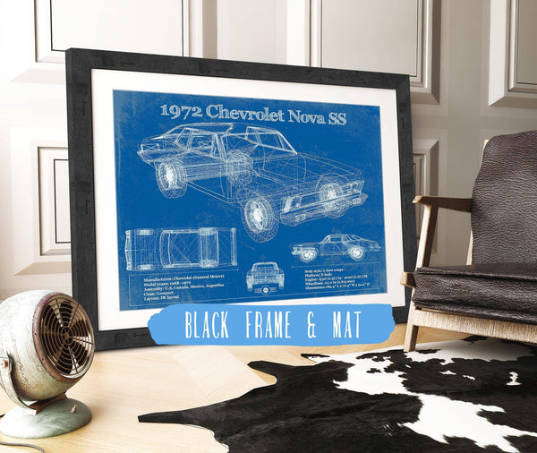 20" x 16" / Black Frame & Mat Cutler West 1972 Chevrolet Nova SS Blueprint Vintage Auto Patent Print