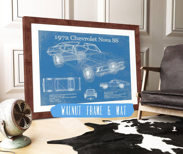 20" x 16" / Walnut Frame & Mat Cutler West 1972 Chevrolet Nova SS Blueprint Vintage Auto Patent Print