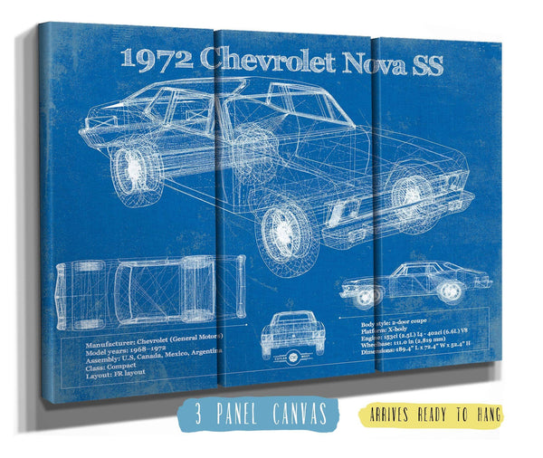 36" x 24" / 3 Panel Canvas Wrap Cutler West 1972 Chevrolet Nova SS Blueprint Vintage Auto Patent Print