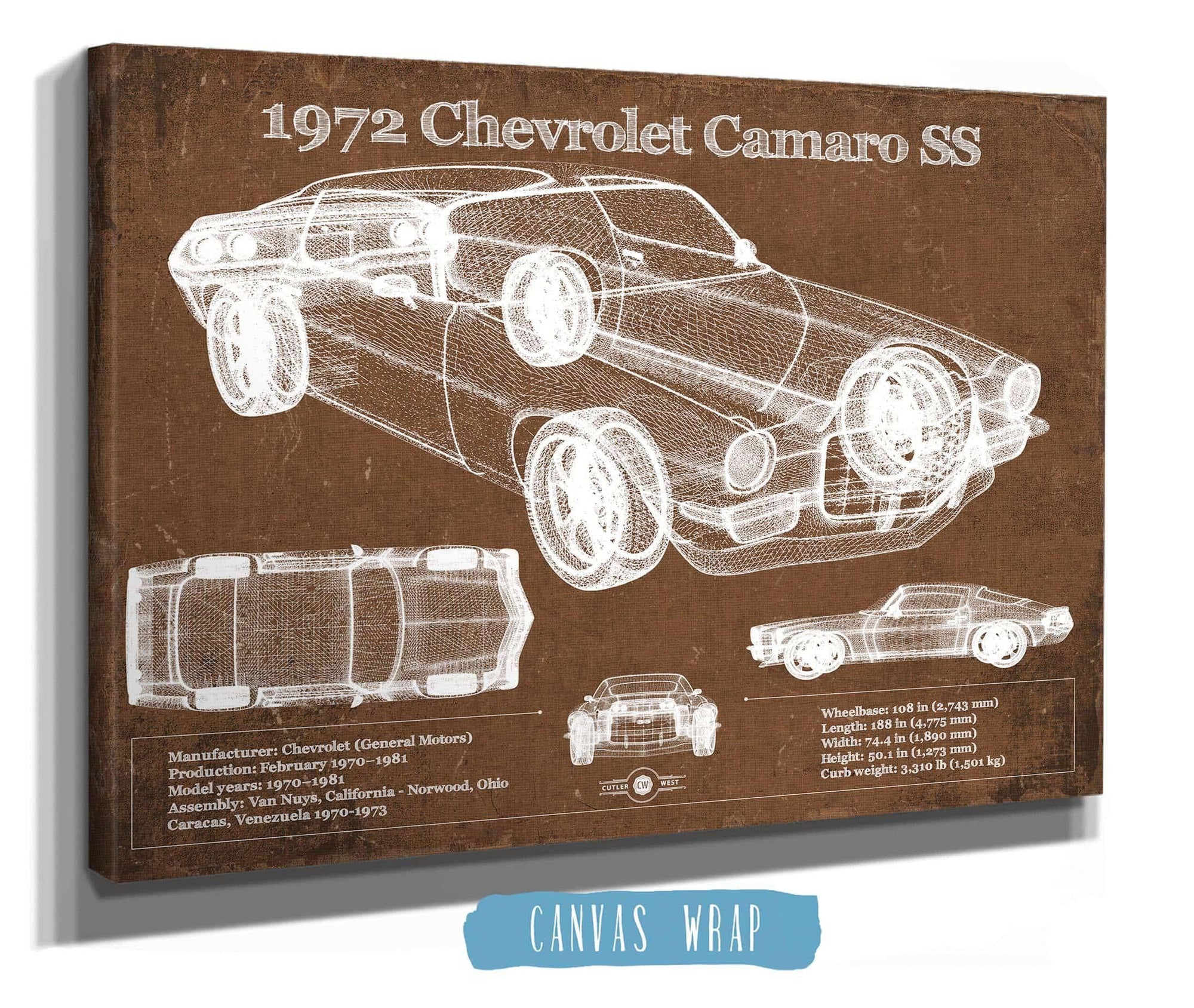 Cutler West 1972 Chevrolet Camaro SS Vintage Blueprint Auto Print