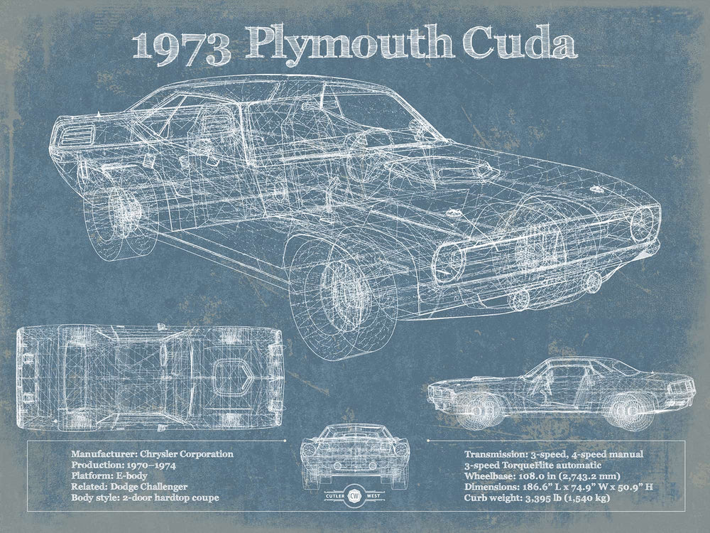 14" x 11" / Stretched Canvas Wrap Cutler West 1973 Plymouth Cuda 440 Vintage Blueprint Auto Print