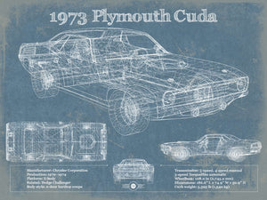 14" x 11" / Unframed Cutler West 1973 Plymouth Cuda 440 Vintage Blueprint Auto Print