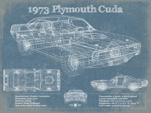 14" x 11" / Unframed Cutler West 1973 Plymouth Cuda 440 Vintage Blueprint Auto Print