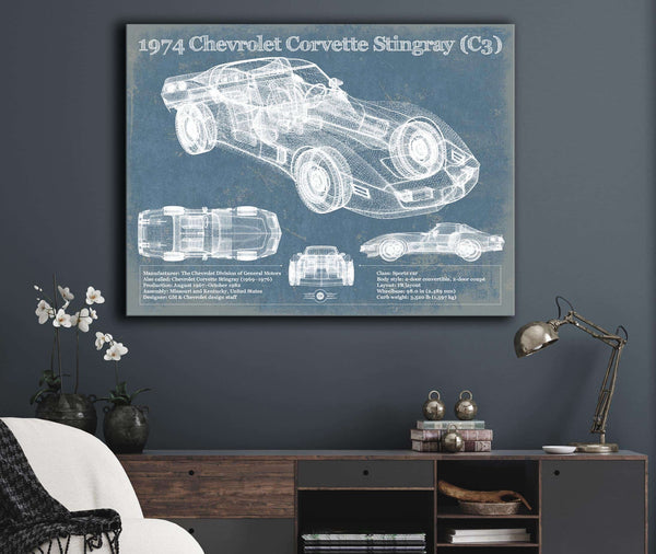 Cutler West 1974 Chevrolet Corvette Stingray (C3) Coupe Vintage Blueprint Auto Print