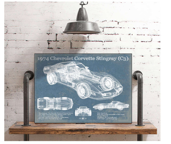 Cutler West 1974 Chevrolet Corvette Stingray (C3) Coupe Vintage Blueprint Auto Print