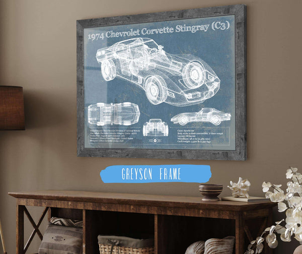 14" x 11" / Greyson Frame Cutler West 1974 Chevrolet Corvette Stingray (C3) Coupe Vintage Blueprint Auto Print