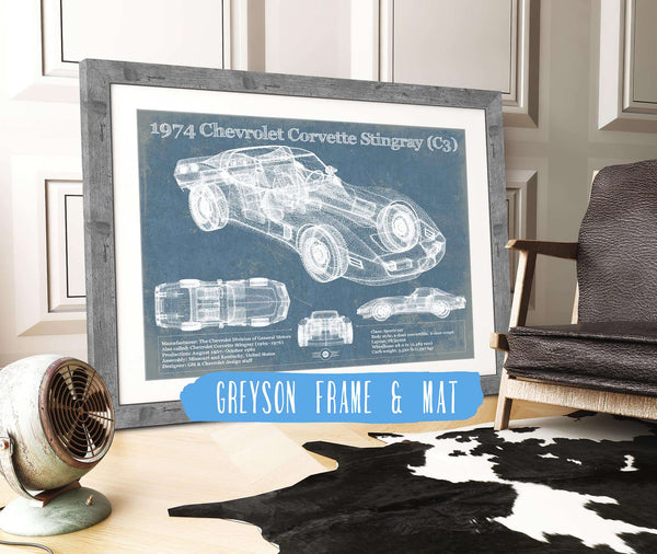 14" x 11" / Greyson Frame & Mat Cutler West 1974 Chevrolet Corvette Stingray (C3) Coupe Vintage Blueprint Auto Print