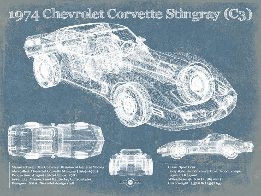 14" x 11" / Stretched Canvas Wrap Cutler West 1974 Chevrolet Corvette Stingray (C3) Coupe Vintage Blueprint Auto Print