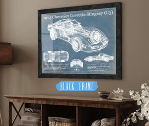 20" x 16" / Black Frame Cutler West 1974 Chevrolet Corvette Stingray (C3) Coupe Vintage Blueprint Auto Print