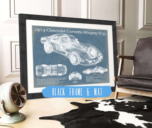 20" x 16" / Black Frame & Mat Cutler West 1974 Chevrolet Corvette Stingray (C3) Coupe Vintage Blueprint Auto Print