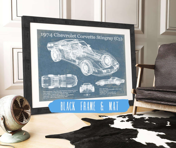 20" x 16" / Black Frame & Mat Cutler West 1974 Chevrolet Corvette Stingray (C3) Coupe Vintage Blueprint Auto Print