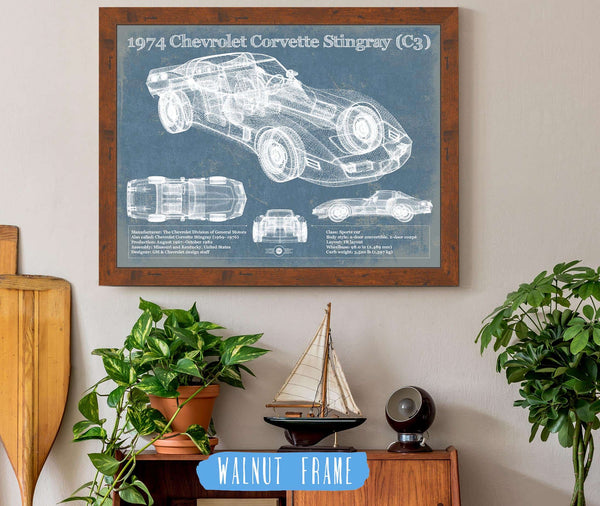 20" x 16" / Walnut Frame Cutler West 1974 Chevrolet Corvette Stingray (C3) Coupe Vintage Blueprint Auto Print