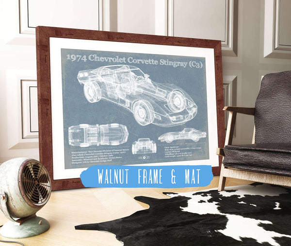 20" x 16" / Walnut Frame & Mat Cutler West 1974 Chevrolet Corvette Stingray (C3) Coupe Vintage Blueprint Auto Print