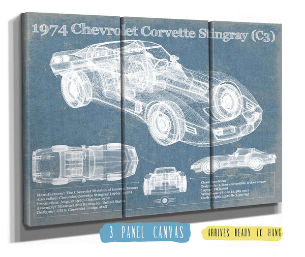 36" x 24" / 3 Panel Canvas Wrap Cutler West 1974 Chevrolet Corvette Stingray (C3) Coupe Vintage Blueprint Auto Print