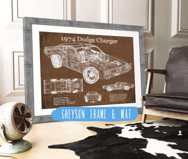 14" x 11" / Greyson Frame & Mat Cutler West 1974 Dodge Charger Vintage Blueprint Auto Print
