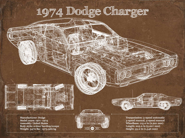 14" x 11" / Unframed Cutler West 1974 Dodge Charger Vintage Blueprint Auto Print